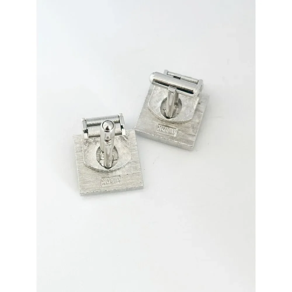 Vintage Swank Cufflinks Silver Tone Square blue rhinestones Retro Man